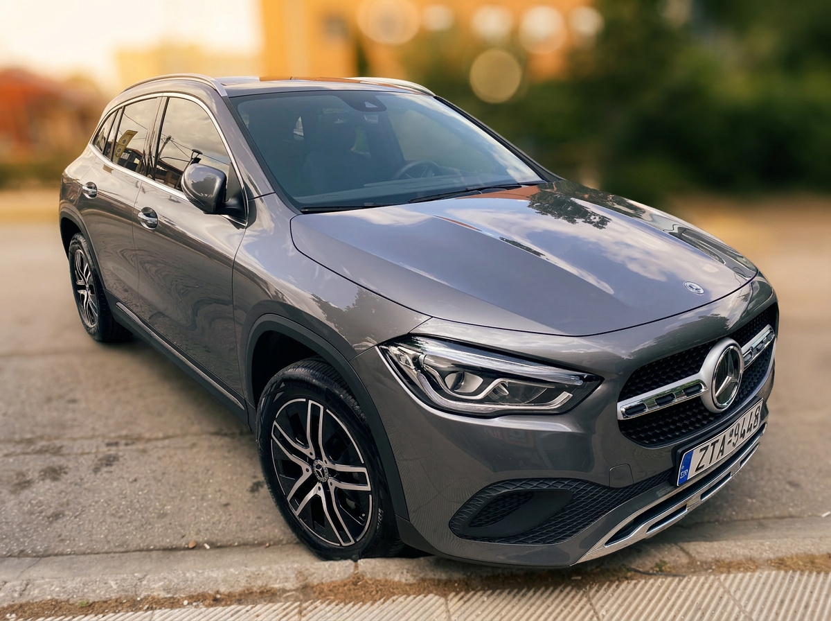 Mercedes GLA 200 at sunset beside the sea on the Athens Riviera.