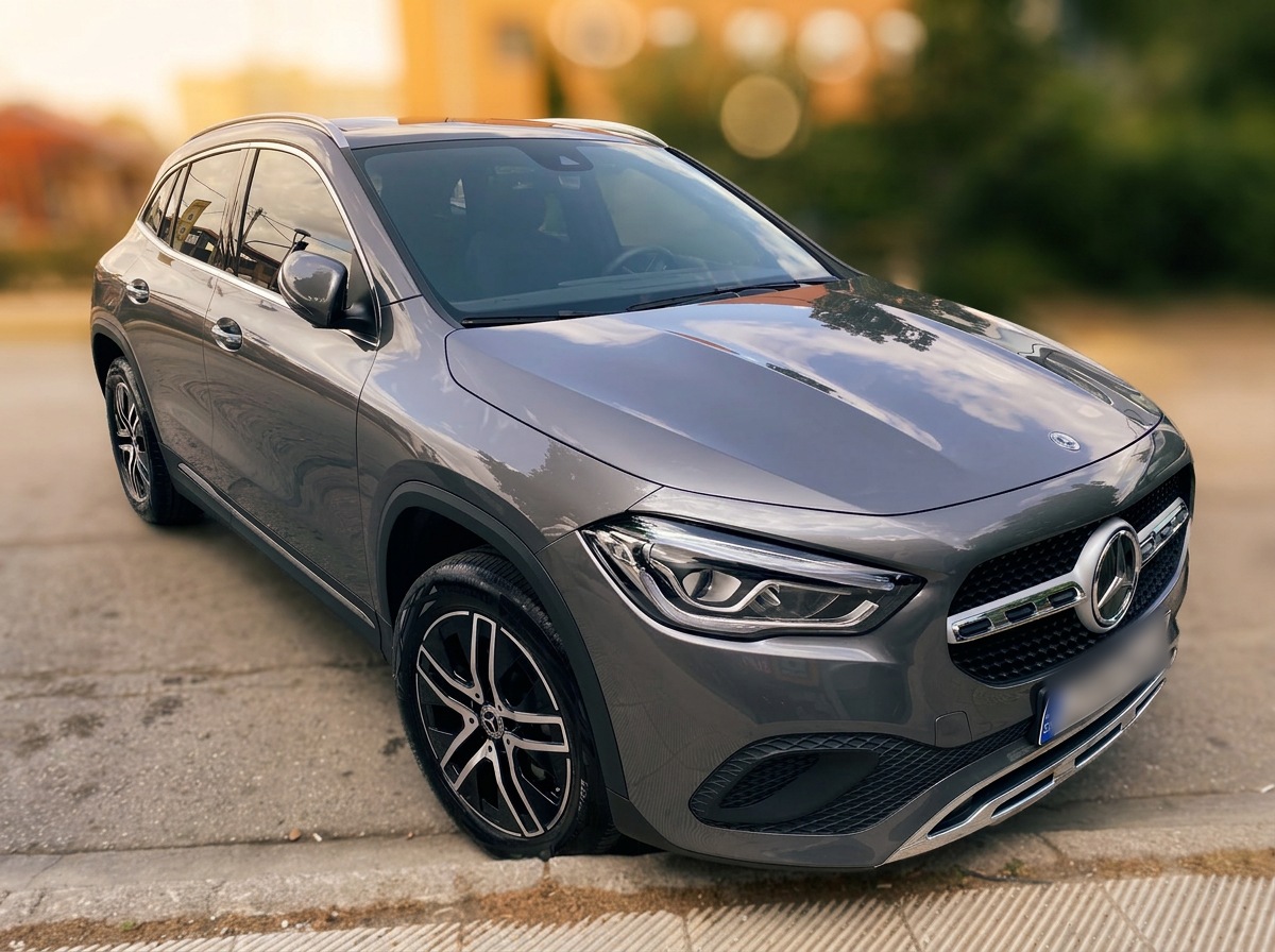 The Mitos Transfers Mercedes GLA 200 parked by the sea on the Athens Riviera at sunset.